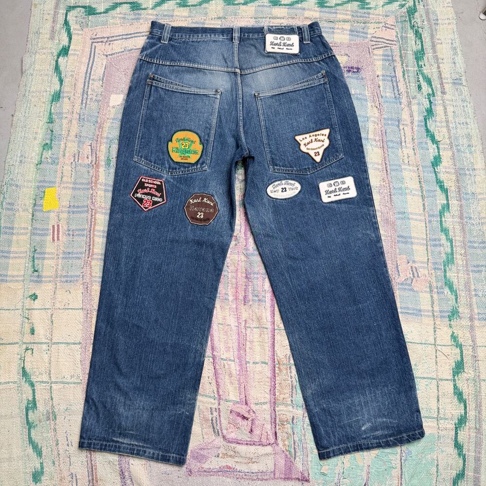 Vintage Y2K KARL KANI Baggy Hip Hop Jeans Men 38x32 Dark Wash Patches Skater